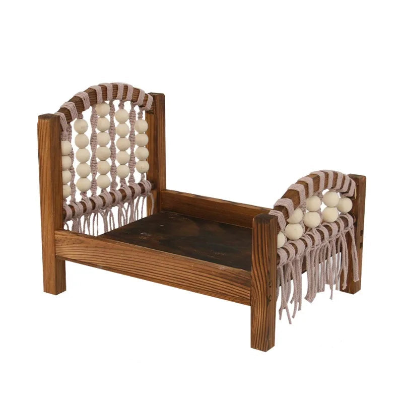 Retro Wooden Beaded Rabbit Bed – Hand-Woven Crib for Bunny Posing & Photoshoots
