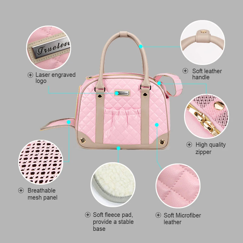 Close-up of pink rabbit carrier showing breathable mesh panel, soft fleece pad for stability, microfiber leather, high-quality zipper, and soft leather handle.