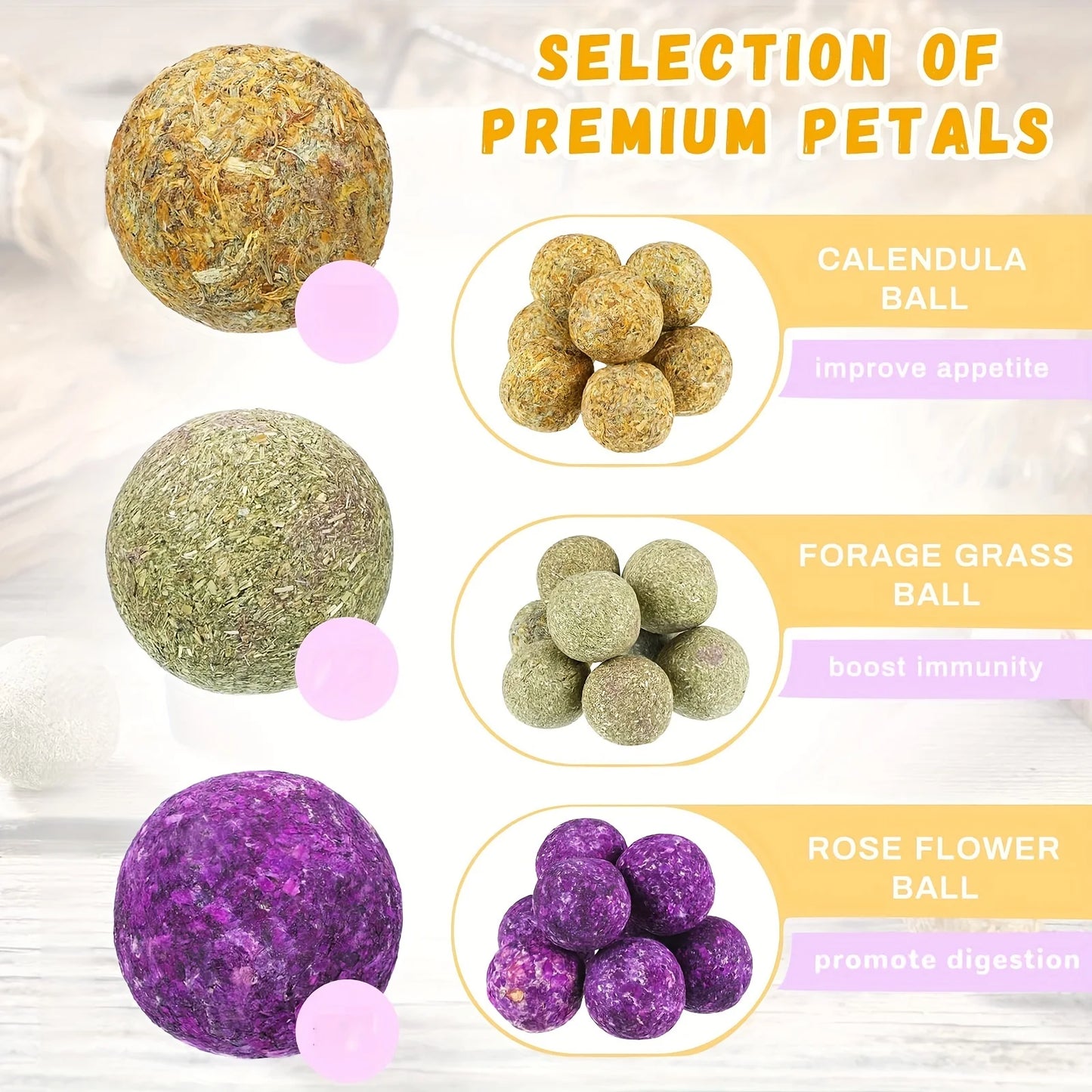 Boules à mâcher au foin Timothy – 30/15 pièces Friandises naturelles pour lapins aux fleurs