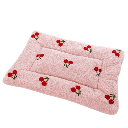 Plush Cherry-Embroidered Pet Mat – Soft Square Pad for Small Pets