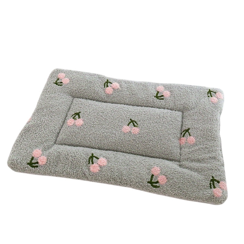 Plush Cherry-Embroidered Pet Mat – Soft Square Pad for Small Pets