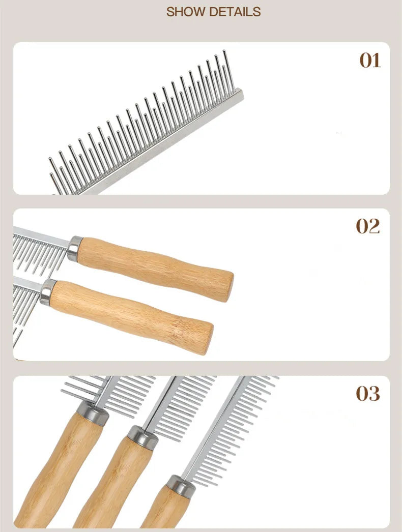 Stainless Steel Rabbit Comb – Dual-Sided Grooming Tool with Bamboo Handle