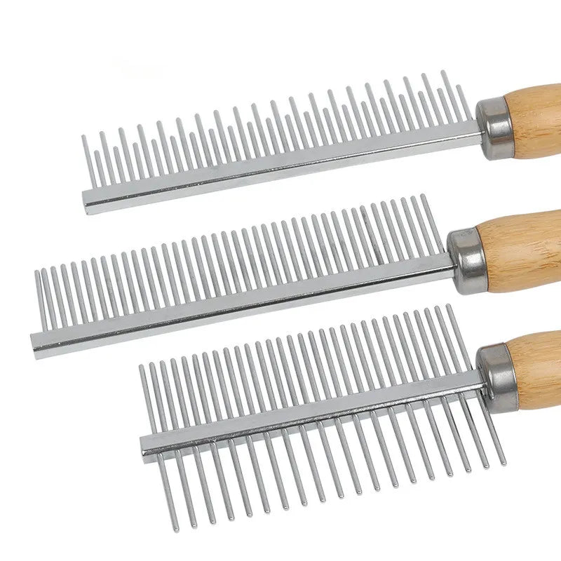 Stainless Steel Rabbit Comb – Dual-Sided Grooming Tool with Bamboo Handle