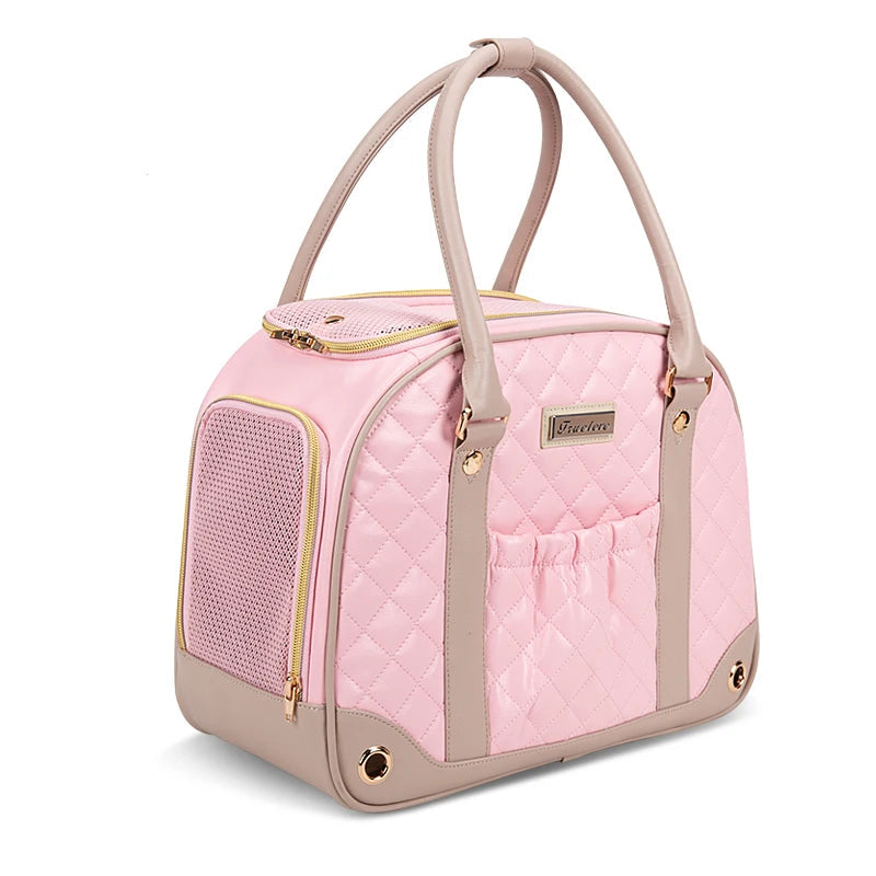 Side view f pink fashion rabbit carrier, portable ans breathable handbag for small pets. Secure and stylish design for comfortable travel.