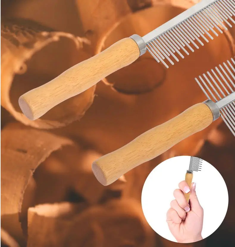 Stainless Steel Rabbit Comb – Dual-Sided Grooming Tool with Bamboo Handle