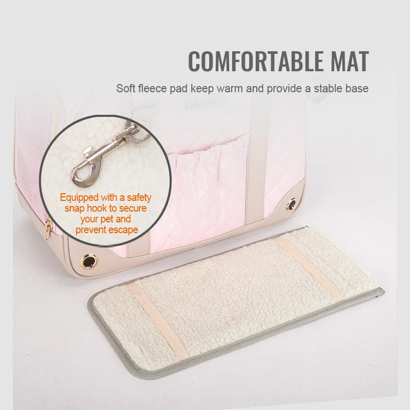 Soft fleece pad in rabbit carrier provides warmth and a stable base, equiped with a safety snap hook to secure pets and prevents escape.