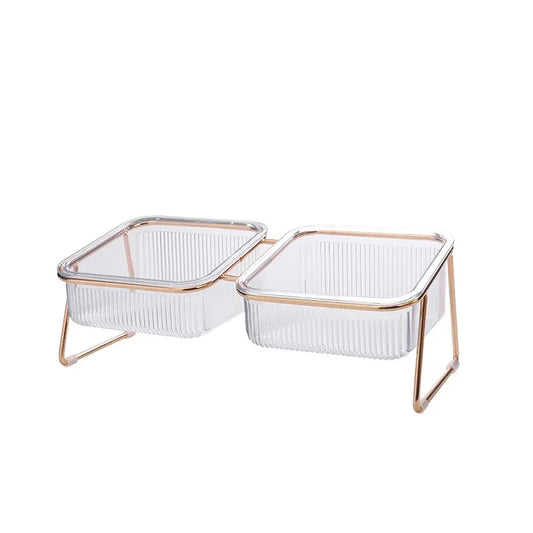 Elevated Rabbit Food & Water Bowl – Slanted Transparent Dish with Golden Stand