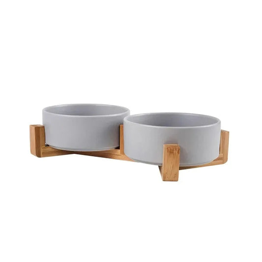 Double Ceramic Rabbit Bowl with Wooden Stand – Food & Water Feeder Set